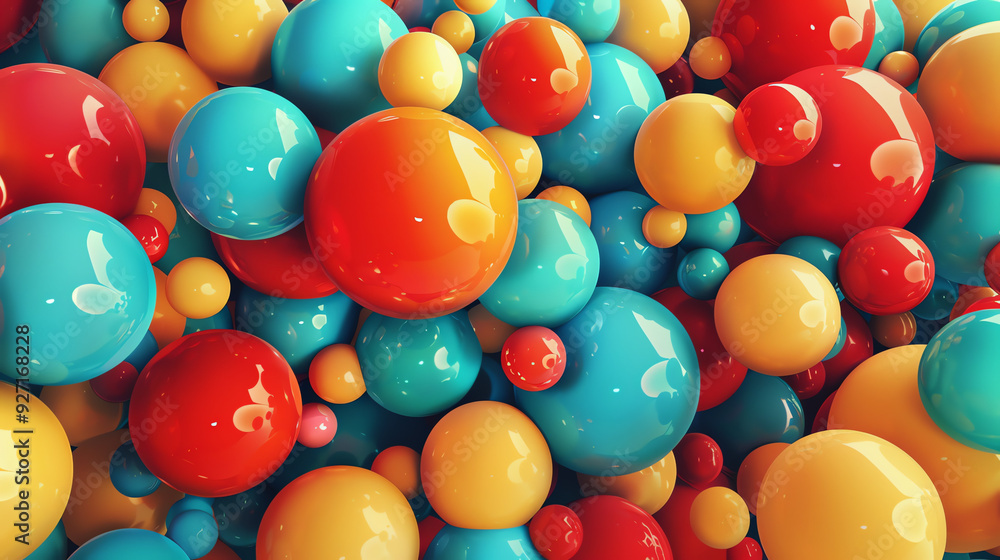 Poster an image of many colorful, round objects that seem to be floating. they are in different shades of o
