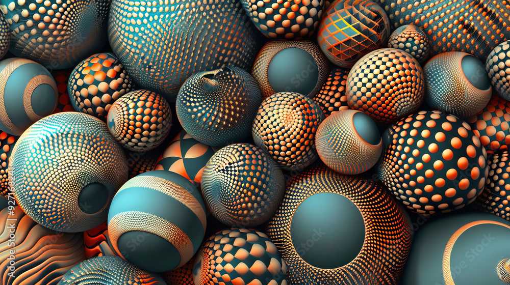 Poster an image of many colorful, round objects that seem to be floating. they are in different shades of o