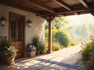 家の玄関前に木漏れ日が差し込んでいる