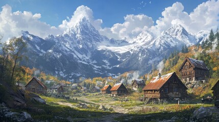 Enchanting Mountain Village: Chalets, Snow-Capped Peaks, and Pristine Skies