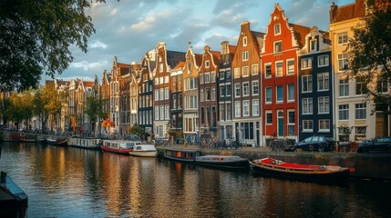 Naklejka premium Vibrant Houses Line a Tranquil Canal: A Dutch Delight