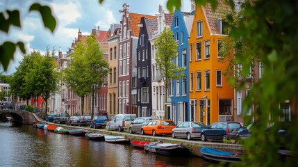 Obraz premium Colorful Houses Line Picturesque Canal in Amsterdam
