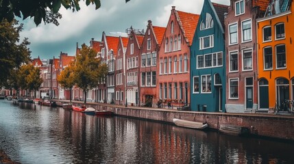 Fototapeta premium Vibrant Canalside Homes: A Picturesque Row of Colorful Houses