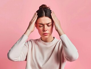 Young woman holding her head having headache and depression after hard day.Macro.AI Generative.