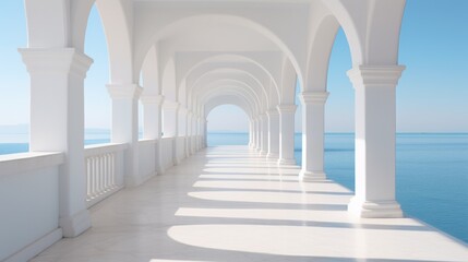 White architecture on summer seascape. View of the sea and the blue sky with white cloud. Neural network ai generated art