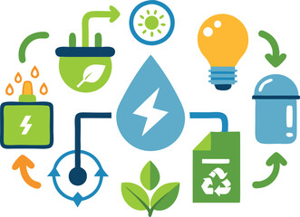 Illustration depicts various renewable energy symbols including water, electricity, recycling, and natural resources.