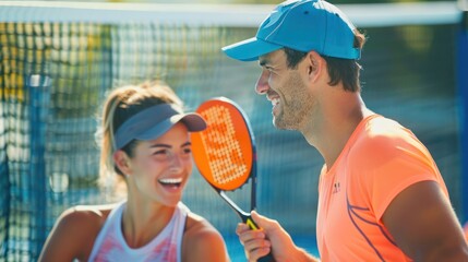 Happy couple of athletes talking while playing mixed doubles in paddle tennis. 
