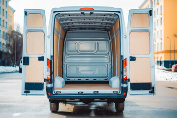 Naklejka premium Rear doors of a white van open empty truck visible