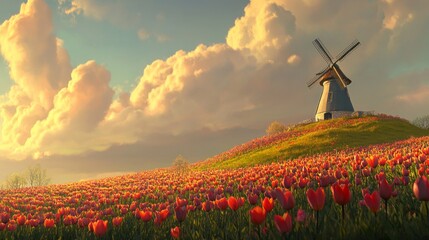 Fototapeta premium Windmill on a Hilltop: A Dutch Dream with Fields of Tulips