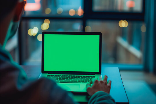 Rearview shot of an unrecognizable young man using his laptop with green screen