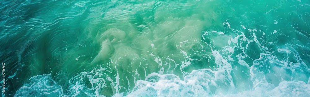 Aufkleber A view of the ocean from above, with turquoise water and white foam waves breaking on the surface. The water is clear and the waves are gentle, creating a tranquil and inviting scene.