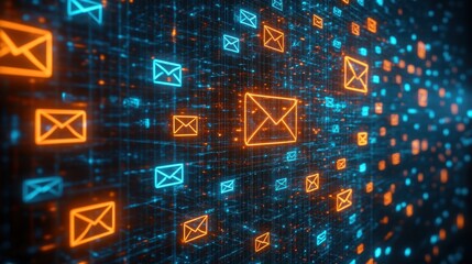 Impressive digital background with mail icons and data in blue, orange, and red colors. Cyber security concept