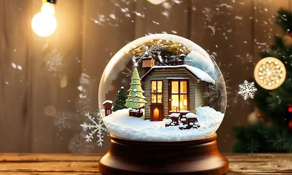 A delicate glass transparent Christmas ball with a tiny, sparkling fir tree, a cozy little house with glowing windows, and soft, fluffy snow inside