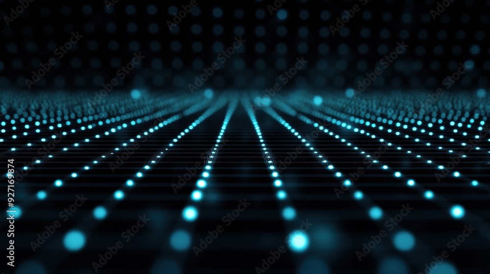 Poster a digital representation of glowing blue dots in a grid pattern, creating a futuristic effect.