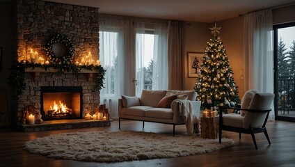 Stylish interior of living room with fireplace decorated Christmas tree. Christmas decoration