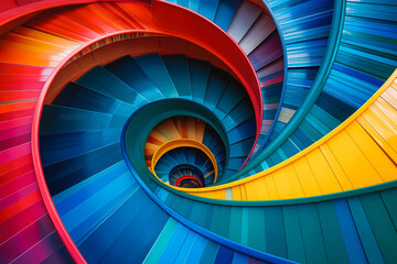 Fototapeta premium Stack of Vinyl Records Forming a Colorful Spiral Staircase