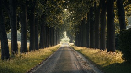 Fototapeta premium Serene Country Road: Tall Trees & Endless Horizon - Scenic Landscape Photo