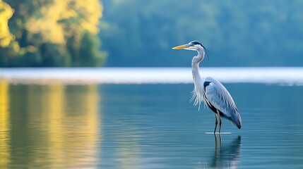 Obraz premium A majestic heron stands gracefully in calm waters, surrounded by lush greenery, capturing the tranquility of nature.