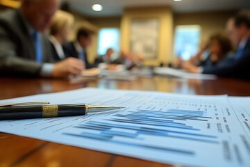 Close-up of financial charts and a pen on a conference table during a business meeting, with blurred executives in the background.