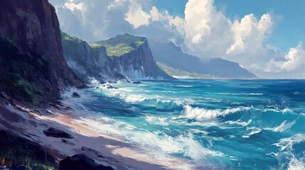 Dramatic Coastal Cliffs: Waves Crashing on Rugged Rocks