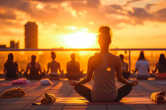 Yoga instructor leading a class on a rooftop at sunrise.