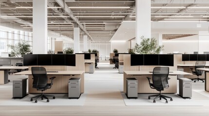 Contemporary Office Set Up with Standing Desks, Comfortable Chairs, and Spacious Monitors, Generative Ai