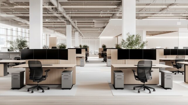 Contemporary Office Set Up with Standing Desks, Comfortable Chairs, and Spacious Monitors, Generative Ai
