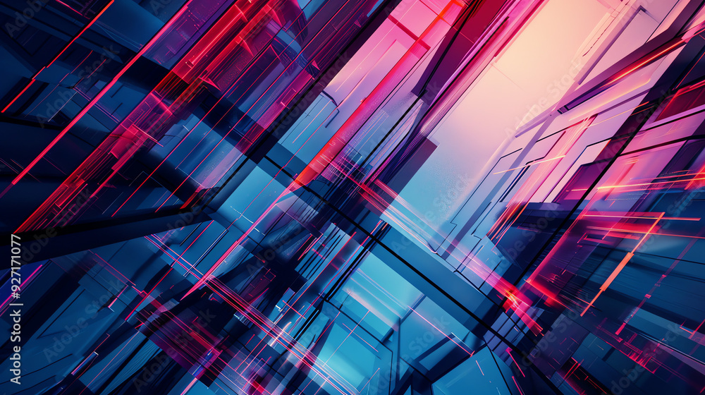 Poster an abstract image with overlapping lines and shapes in blue, red, and pink. it looks like a futurist