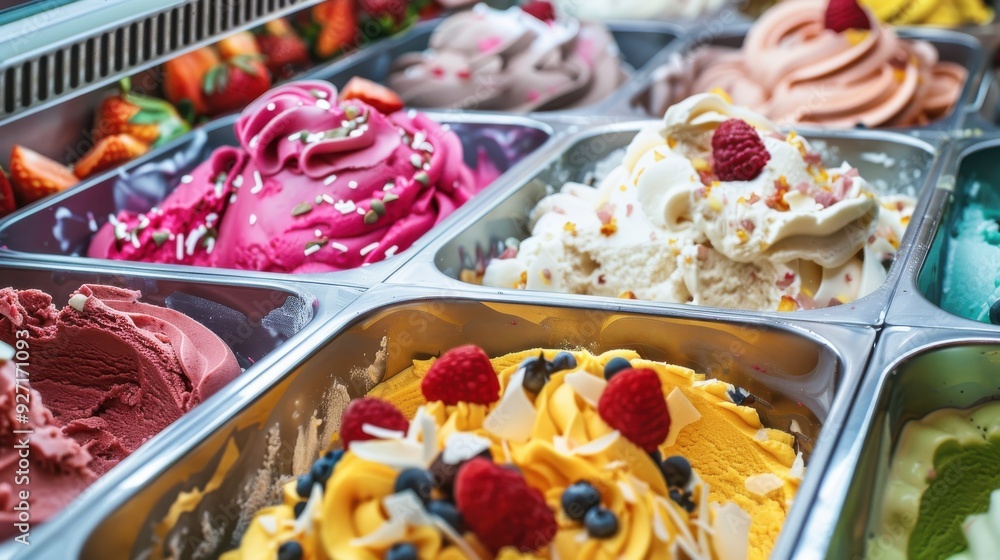 Poster A close-up shot of a metal case filled with six different flavors of ice cream. The case is lined with stainless steel and each scoop of ice cream is displayed in its own individual container. Some of