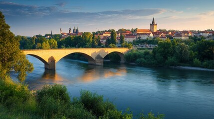 Obraz premium Historic Bridge and River Town: A Picturesque View