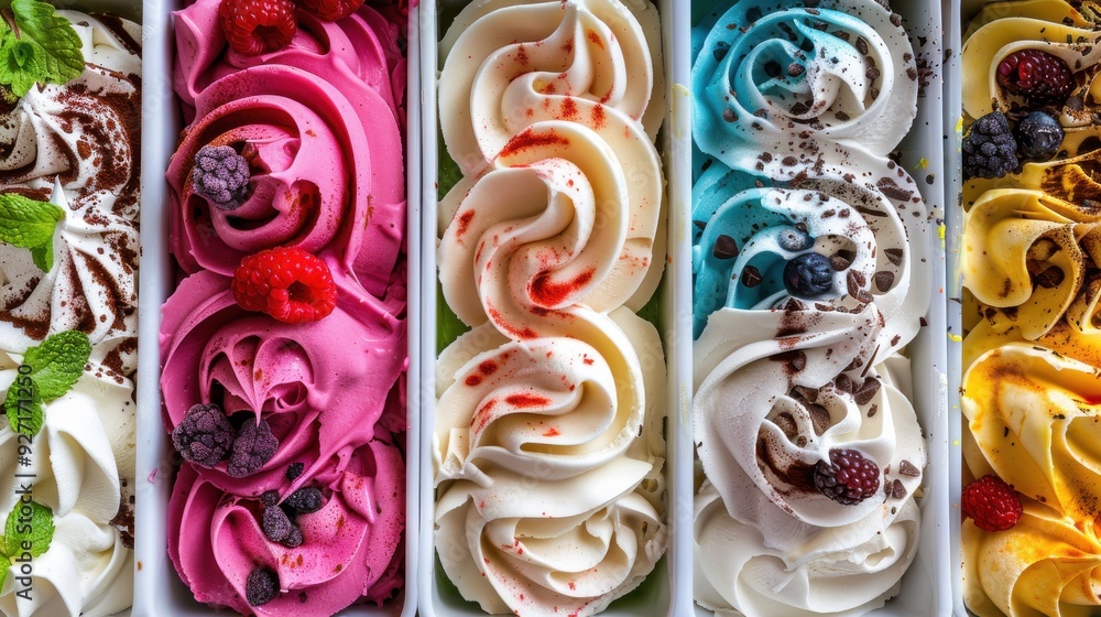 Poster close-up image of five different flavors of gelato, each topped with unique ingredients like raspber