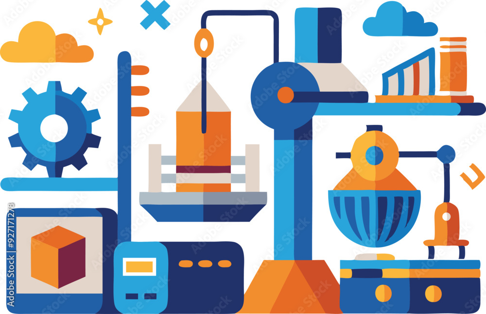 Poster representation of laboratory apparatus and tools designed for various scientific experiments and res