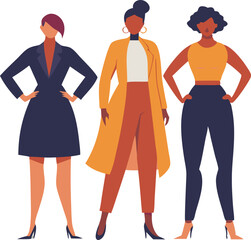 Fototapeta premium Three women stand proudly in stylish outfits, showcasing confidence and modern fashion.