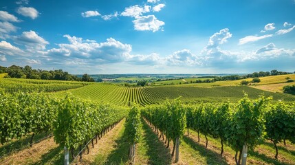 Fototapeta premium Sun-Kissed Vines: Breathtaking Vineyard Landscape Under a Blue Sky
