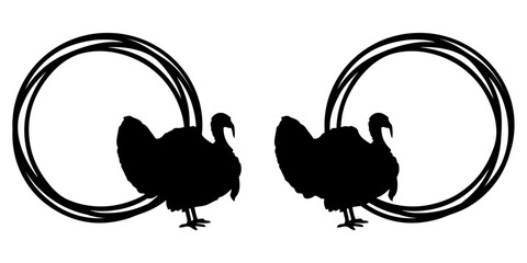 Turkey logo. Silueta de pavo en marco circular con líneas para tarjetas y felicitaciones del Día de Acción de Gracias o Navidad