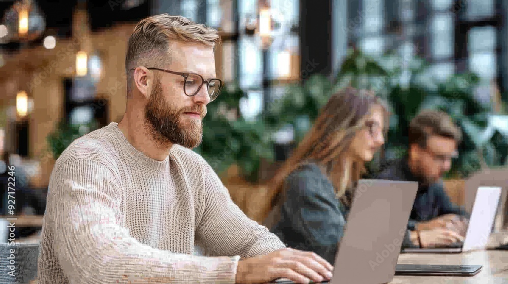 Aufkleber dynamic workspace with employees using laptops in a modern open-plan office, generative ai