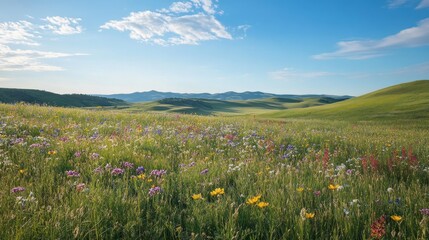 Fototapeta premium Wildflowers Bloom in a Serene Rolling Hills Landscape