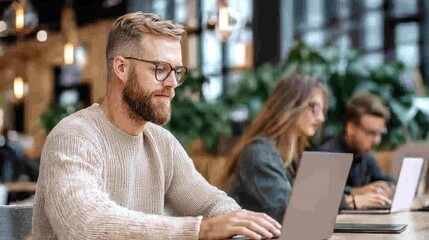 Obraz premium Dynamic Workspace with Employees Using Laptops in a Modern Open-Plan Office, Generative Ai