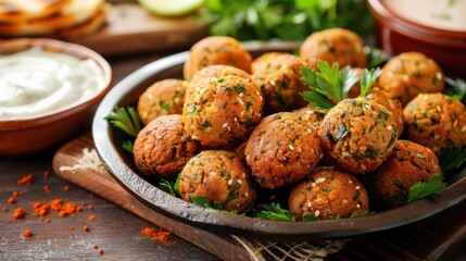 A close-up view of a plate of freshly fried falafel bites. The falafel is golden brown and crispy, and it is topped with fresh parsley. The falafel is served with a side of creamy yogurt sauce.