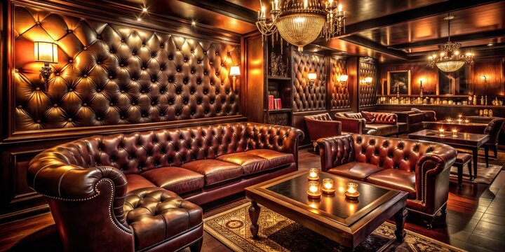 retro glamorous speakeasy mysterious hidden gem rich jewel tones luxurious leather sofas intimate gathering soft candlelight subtle smoke atmosphere exclusive vibe