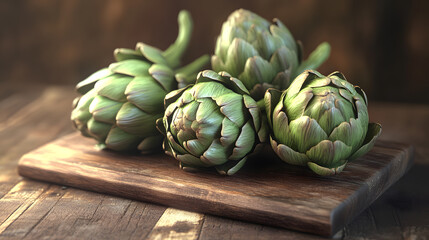 Obraz premium Fresh green artichokes, nature's healthy delight, showcased on rustic wooden backdrop