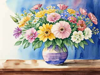 花瓶に飾られている花々　水彩画