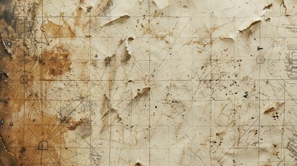 A close-up view of a tattered and faded nautical chart, revealing the meticulous detail and artistry of a bygone era. The map features compass roses and grid lines, hinting at the navigators' dedicati