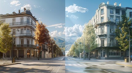 Naklejka premium A before-and-after image of a city street, showing the transformation from an outdated design to a modern, eco-friendly urban environment.