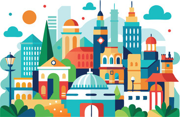 A lively depiction of an urban skyline with various architectural styles and colorful elements