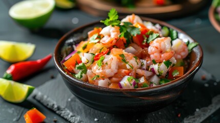 A bowl of fresh ceviche is prepared with chopped shrimp, tomato, onion, cilantro, and chili peppers. Lime wedges and a whole chili pepper are also visible, adding to the vibrant color and flavor of th