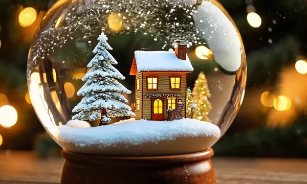 A delicate glass transparent Christmas ball with a tiny, sparkling fir tree, a cozy little house with glowing windows, and soft, fluffy snow inside