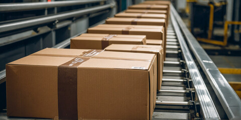 Conveyor Belt with Packed Boxes in Factory