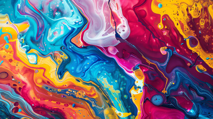 A vibrant abstract painting with swirling colors of red, blue, yellow, and pink.

