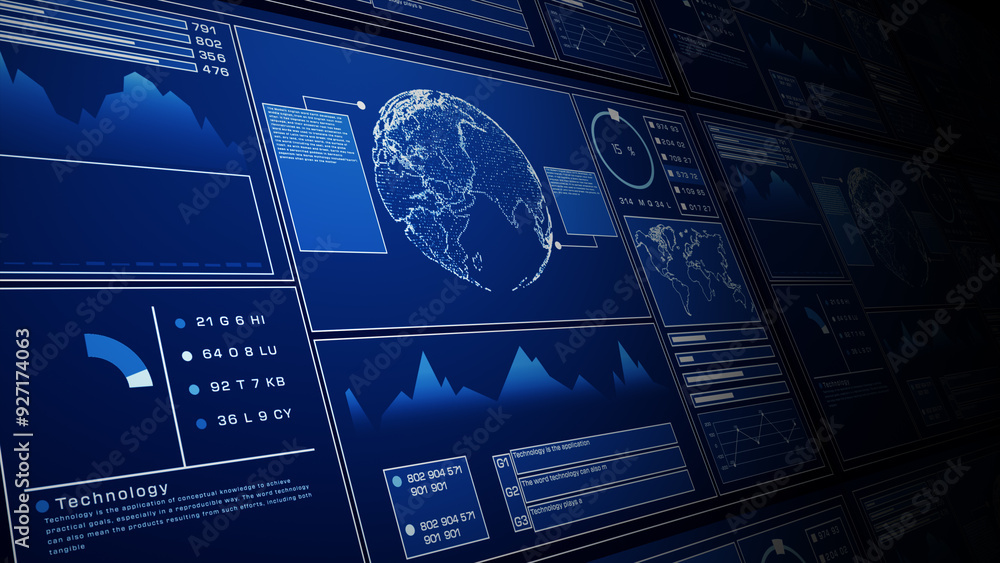Poster Digital dashboard featuring global data analytics, including charts, graphs, and a map visualization, highlighting technology and information management. 3D rendering